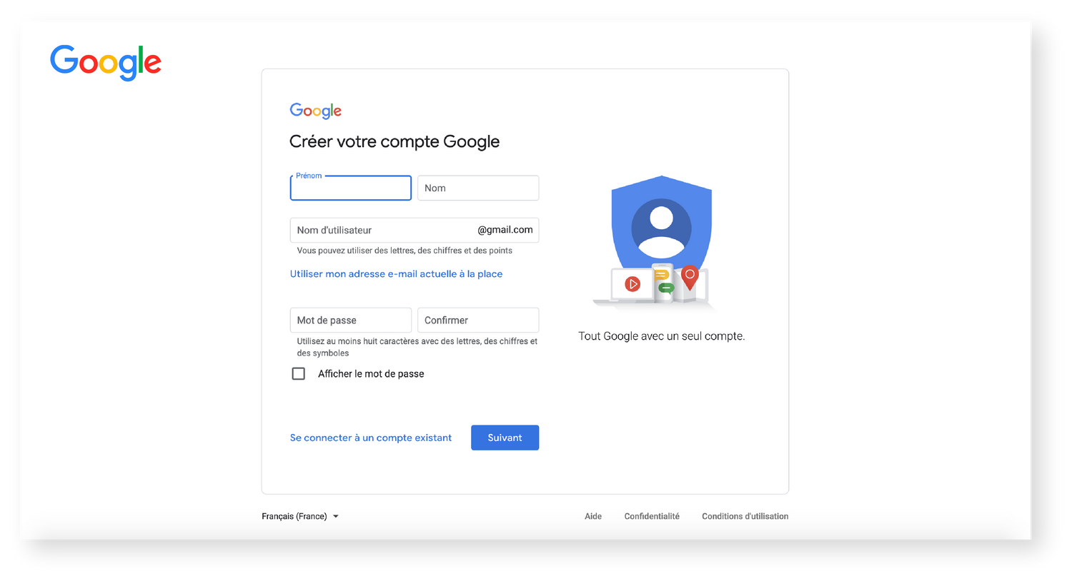 Creer un compte google 